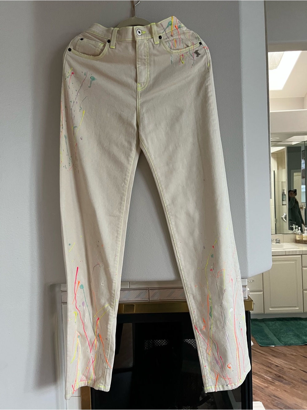 jeans Cream Pants with Neon Yellow Stitching brand new